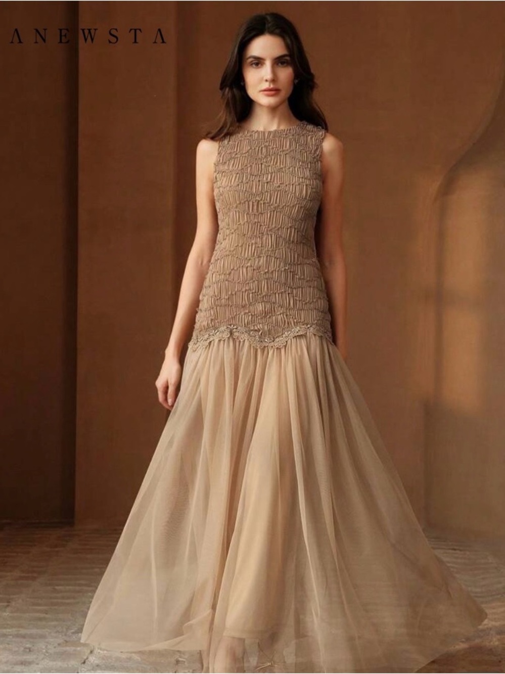 Women's Sleeveless Beige Mesh Evening Gown